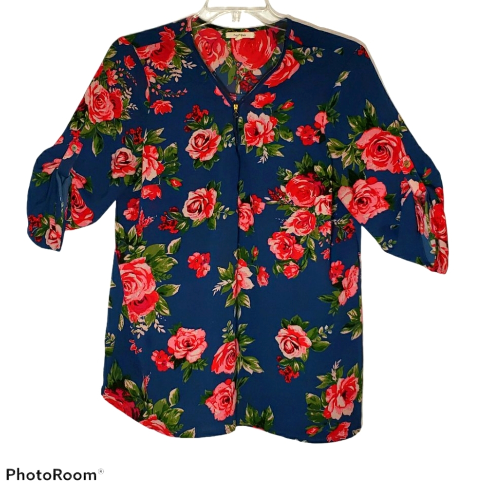 Purple Rain women's XL floral print zip front pullover blouse. 842